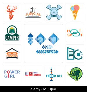 Set Of 13 simple editable icons such as 100 year anniversary, rhino, hookah, made in america, girl power, datacenter, lodging, hotspot, camper can be  Stock Vector