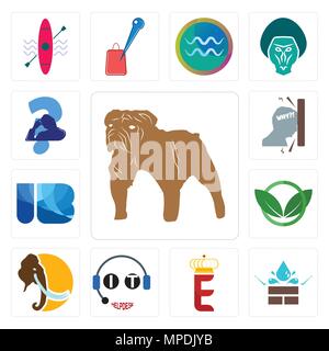 Set Of 13 simple editable icons such as bulldog, water resistant, e crown, it helpdesk, mammoth, eco club, ib letter, frustration, scratching head can Stock Vector