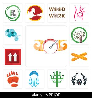 Set Of 13 simple editable icons such as speedometer, revolver, digital tree, jellyfish, bear paw, baguette, this side up, olive elephant head can be u Stock Vector