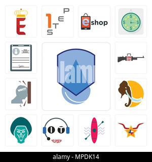 Set Of 13 simple editable icons such as waterproof, texas star, kayak, it helpdesk, baboon, mammoth, frustration, gun shop, personal details can be us Stock Vector