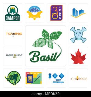 Set Of 13 simple editable icons such as basil, churros, 100 year anniversary, 50 years rhino, canada leaf, unemployment, skull and crossbones, towing  Stock Vector