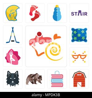 Set Of 13 simple editable icons such as confectionery, barn, book shop, grizzly bear, wolf face, masquerade, yoga studio, pillow, hockey sticks can be Stock Vector