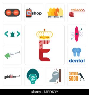 Set Of 13 simple editable icons such as e crown, soon, frustration, baboon, gun shop, dental, call now, kayak, software bug can be used for mobile, we Stock Vector