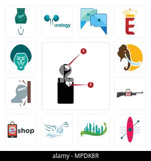 Set Of 13 simple editable icons such as symptoms, kayak, future city, waterfall, eshop, gun shop, frustration, mammoth, baboon can be used for mobile, Stock Vector