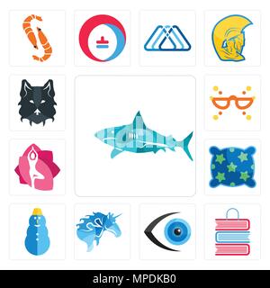 Set Of 13 simple editable icons such as sharks, book shop, eyeball, , snowman, pillow, yoga studio, masquerade, wolf face can be used for mobile, web  Stock Vector