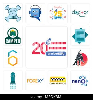 Set Of 13 simple editable icons such as 20 anniversary, nano, cab service, , girls bathroom, dance studio, hex, statement, camper can be used for mobi Stock Vector