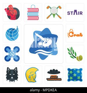 Set Of 13 simple editable icons such as swim and dive, pillow, happy thanksgiving, warrior head, wolf face, olive leaves, drones, crab, logistics comp Stock Vector