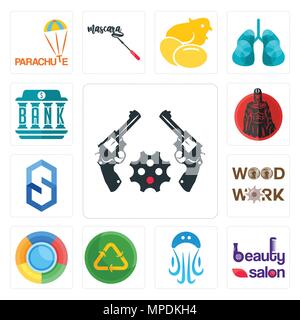 Set Of 13 simple editable icons such as revolver, beauty salon, jellyfish, recycle reuse uce, , woodwork, s hexagon, spartan, bank can be used for mob Stock Vector