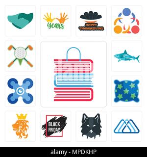 Set Of 13 simple editable icons such as book shop, 3 triangle, wolf face, black friday sale, royal lion, pillow, drones, sharks, golf tournament can b Stock Vector