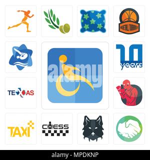 Set Of 13 simple editable icons such as disability, hands shaking, wolf face, chess, taxi, boxer, texas, 10 year, swim and dive can be used for mobile Stock Vector