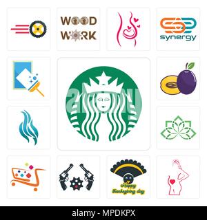 Set Of 13 simple editable icons such as starbucks, maternity, thanksgiving, revolver, super market, holistic, flame, plum, window cleaning can be used Stock Vector