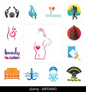 Set Of 13 simple editable icons such as maternity, thanksgiving, jellyfish, navy anchor, couch, window cleaning, beauty salon, spartan, pregnancy can  Stock Vector