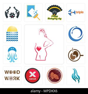 Set Of 13 simple editable icons such as maternity, flame, cacao, cancel, woodwork, coffe, jellyfish, import export, solar panel can be used for mobile Stock Vector