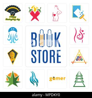 Set Of 13 simple editable icons such as book store, ever tree, gamer, flame, weed leaf, billiard, knight head, pregnancy, jellyfish can be used for mo Stock Vector