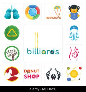 Set Of 13 simple editable icons such as billiards, solar system, revolver, donut shop, , pregnancy, olive tree, jellyfish, recycle reuse uce can be us Stock Vector
