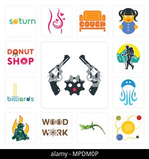 Set Of 13 simple editable icons such as revolver, solar system, lizard, woodwork, firemen, jellyfish, billiards, trekking, donut shop can be used for  Stock Vector