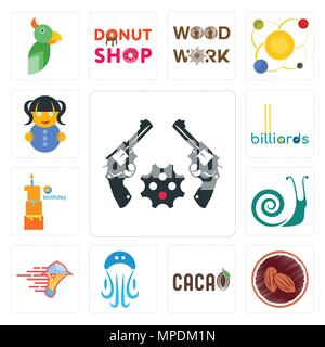 Set Of 13 simple editable icons such as revolver, cacao, , jellyfish, catering services, snails, first birthday, billiards, doll can be used for mobil Stock Vector