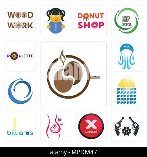 Set Of 13 simple editable icons such as coffe, revolver, cancel, pregnancy, billiards, solar panel, import export, jellyfish, roulette can be used for Stock Vector