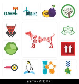 Set Of 13 simple editable icons such as year of the dog, military, chemical company, penguin, tire business, this side up, cabbage, holistic, butcher  Stock Vector