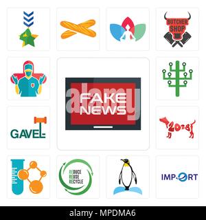 Set Of 13 simple editable icons such as fake news, import, penguin, uce reuse recycle, chemical company, year of the dog, gavel, digital tree, surgeon Stock Vector