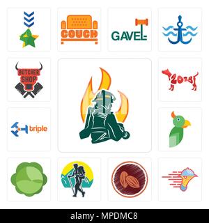 Set Of 13 simple editable icons such as firemen, catering services, cacao, trekking, cabbage, , triple, year of the dog, butcher shop can be used for  Stock Vector