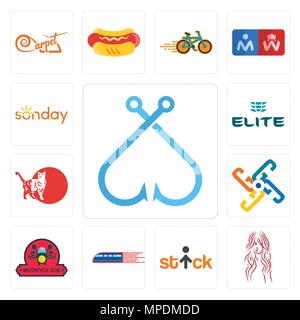 Set Of 13 simple editable icons such as fishing hook, long hair, stick figure, railway, motorcycle club, generic, cat, the elite, sunday can be used f Stock Vector