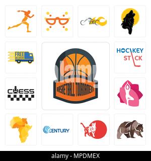 Set Of 13 simple editable icons such as basketball tournament, grizzly bear, cat, century, africa map, yoga studio, chess, hockey stick, free delivery Stock Vector