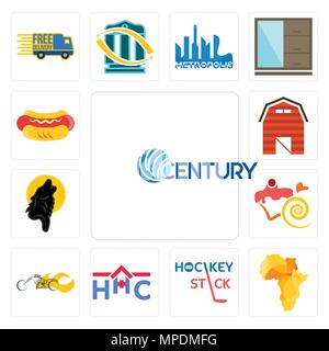 Set Of 13 simple editable icons such as century, africa map, hockey stick, home health care, chopper, confectionery, black wolf, barn, hot dog can be  Stock Vector