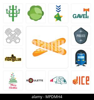 Set Of 13 simple editable icons such as baguette, dice, truck company, roulette, merry christmas, train station, fight club, police badge, piston log  Stock Vector