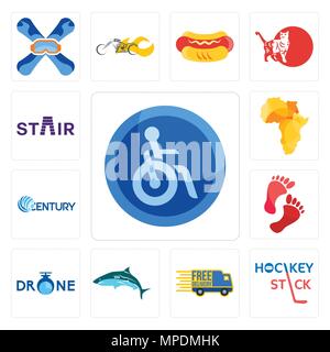Set Of 13 simple editable icons such as disabled, hockey stick, free delivery, , foot print, century, africa map, stair can be used for mobile, web UI Stock Vector