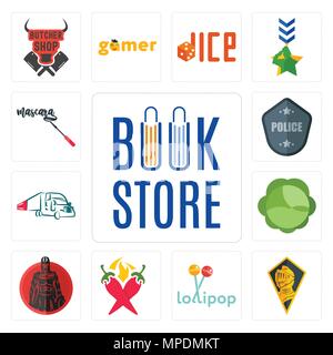 Set Of 13 simple editable icons such as book store, knight head, lollipop, chili pepper, spartan, cabbage, truck company, police badge, mascara can be Stock Vector
