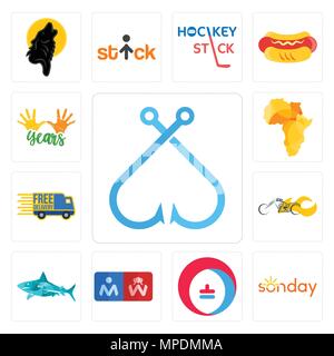 Set Of 13 simple editable icons such as fishing hook, sunday, heating cooling, restroom, sharks, chopper, free delivery, africa map, 10 years can be u Stock Vector