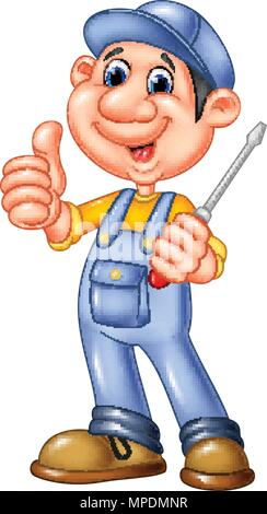 Cute mechanic cartoon holding a screwdriver and giving thumbs up Stock Vector
