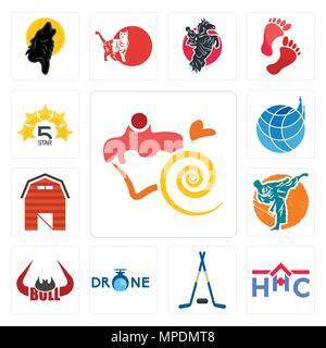 Set Of 13 simple editable icons such as confectionery, home health care, hockey sticks, , bull horn, martial arts, barn, logistics company, 5 star can Stock Vector