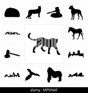 Set Of 13 simple editable icons such as cheetah outline on white background, louisiana gorilla, mistletoe background can be used for mobile, web UI Stock Vector