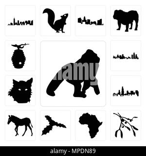 Set Of 13 simple editable icons such as gorilla, mistletoe outline on white background, african continent background can be used for mobile, web UI Stock Vector