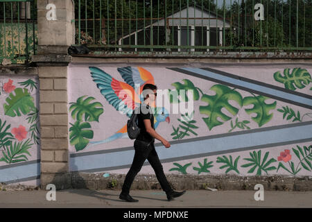 A pedestrian walks past a painted wall in the city of Chisinau also known as Kishinev the capital of the Republic of Moldova Stock Photo