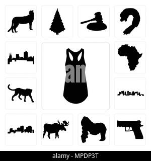 Set Of 13 simple editable icons such as tank top outline on white background, handgun gorilla, moose background can be used for mobile, web UI Stock Vector