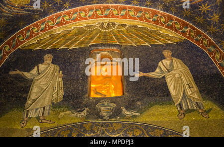 Ravenna, Ravenna Province, Italy.  Interior of the 5th century mausoleum, Mausoleo di Galla Placidia. The window is made of alabster. The Mausoleum is Stock Photo