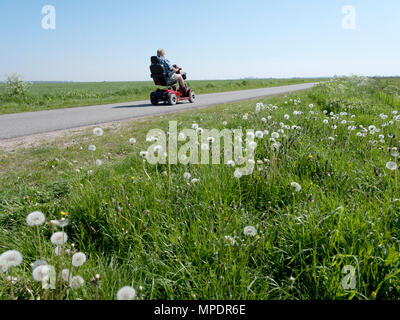 man in electric scooter drives on country road in summer Stock Photo