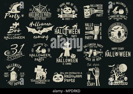 Set of Halloween celebration collection with retro grunge effect. Halloween party retro templates, badges, seals, patches. Concept for shirt or logo,  Stock Vector