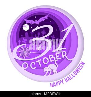 Happy Halloween. Paper art carving style design for Halloween overlay, labels, shirt, logo, print, seal. 31 october with cat and bat in the cemetery.  Stock Vector