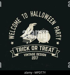 Welcome to Halloween party. Vector Halloween retro badge. Concept for shirt, logo, print, stamp, seal or patch. Crow, magic book and pot. Halloween de Stock Vector