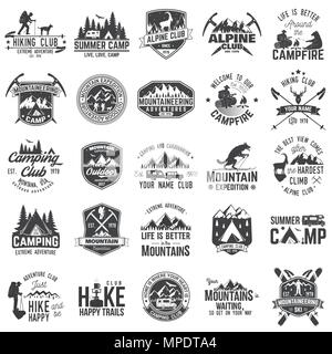 Summer camp, alpine and hiking club with design elements. Vector illustration. Set of extreme adventure badges. Vintage typography design with rv trai Stock Vector