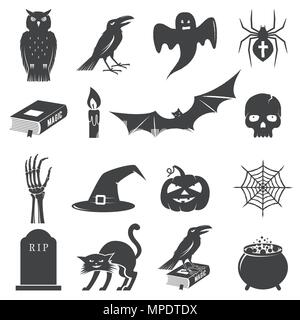 Set of Halloween icon silhouette. Vector illustration. Concept for shirt or logo, print, stamp or tee. Halloween emblems. Stock Vector