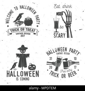 Set of Halloween vintage badges. Typography design with Skeleton hand, potion and glass of magic drink, scarecrow, raven and pumpkin. Happy Halloween- Stock Vector