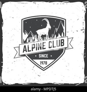 Alpine club badge. Vector illustration. Concept for shirt or logo, print, stamp or tee. Vintage typography design with rock climbing Goat and mountain Stock Vector