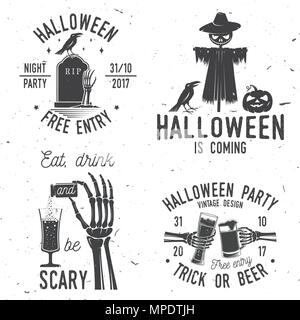 Eat, drink and be Scary. Set of Halloween retro badge. Overlay or Labels for shirt or logo, print, seal, stamp. Skeleton hand with potion and glass of Stock Vector