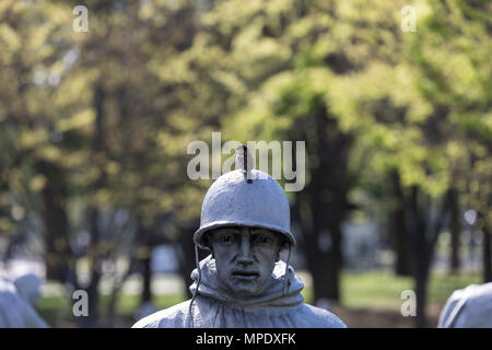 Washington, DC / United States of America, April 29th 2018: Bronze statue with bird close up at the Korean War Memorial Stock Photo
