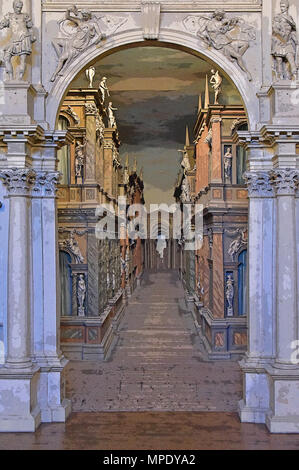 Teatro Olimpico (Renaissance theater), interior view through the central royal arch with scenery beyond (rendered in PS), by Palladio, Vicenza, Italy Stock Photo